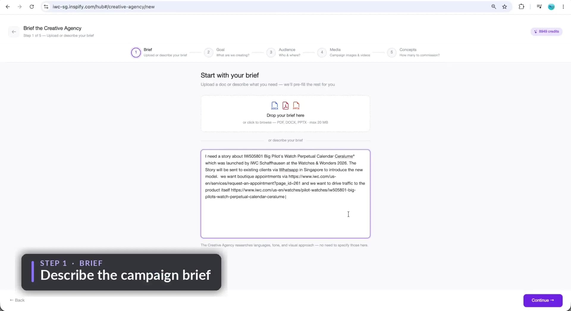 INSPIFY AI Creative Agency walkthrough — brief to finished story